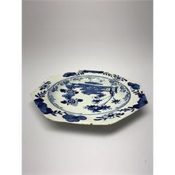 Mid 18th century Bow porcelain blue and white plate, of octagonal form painted with flowering chrysanthemums, rockwork, and fence upon a white ground, D19cm