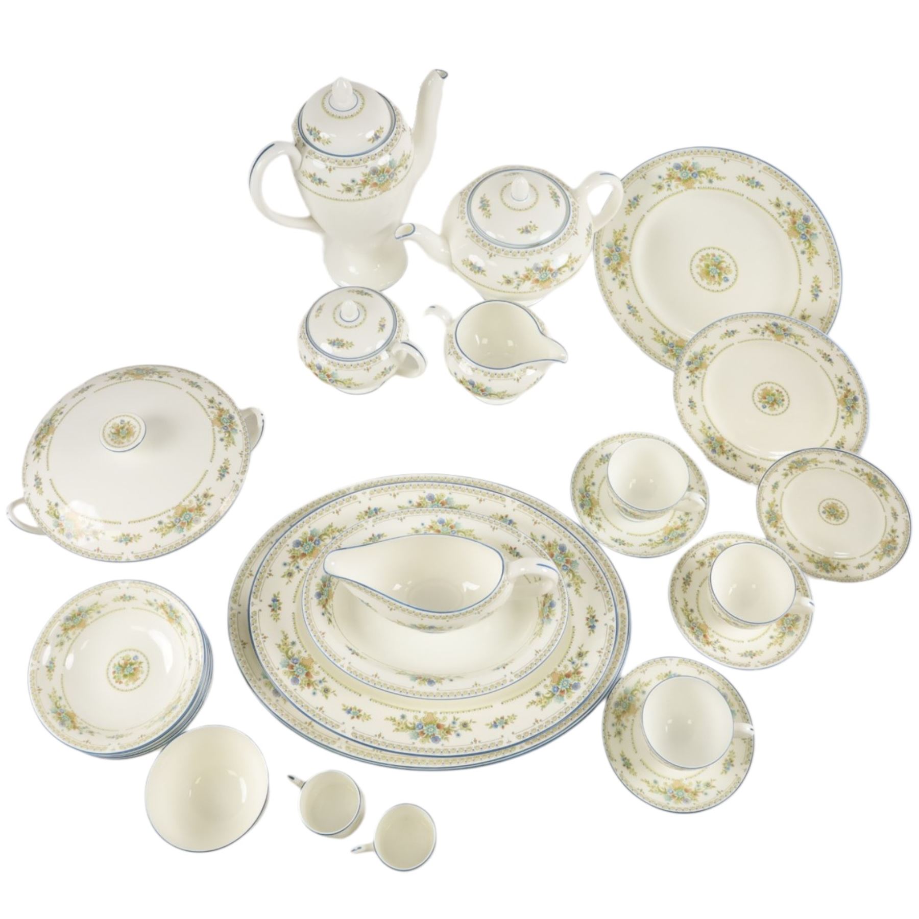 Wedgwood Petersham tea and dinner service, including, teapot, coffee pot covered sucrier, milk jug, ten dinner plates, fifteen bowls covered dished etc 