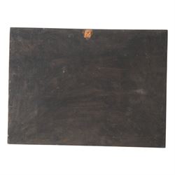 Two French Indochinese period paintings on wood, depicting riverscapes, together with French Indochinese poster, circa 1947-58, paintings H30cm, L40cm