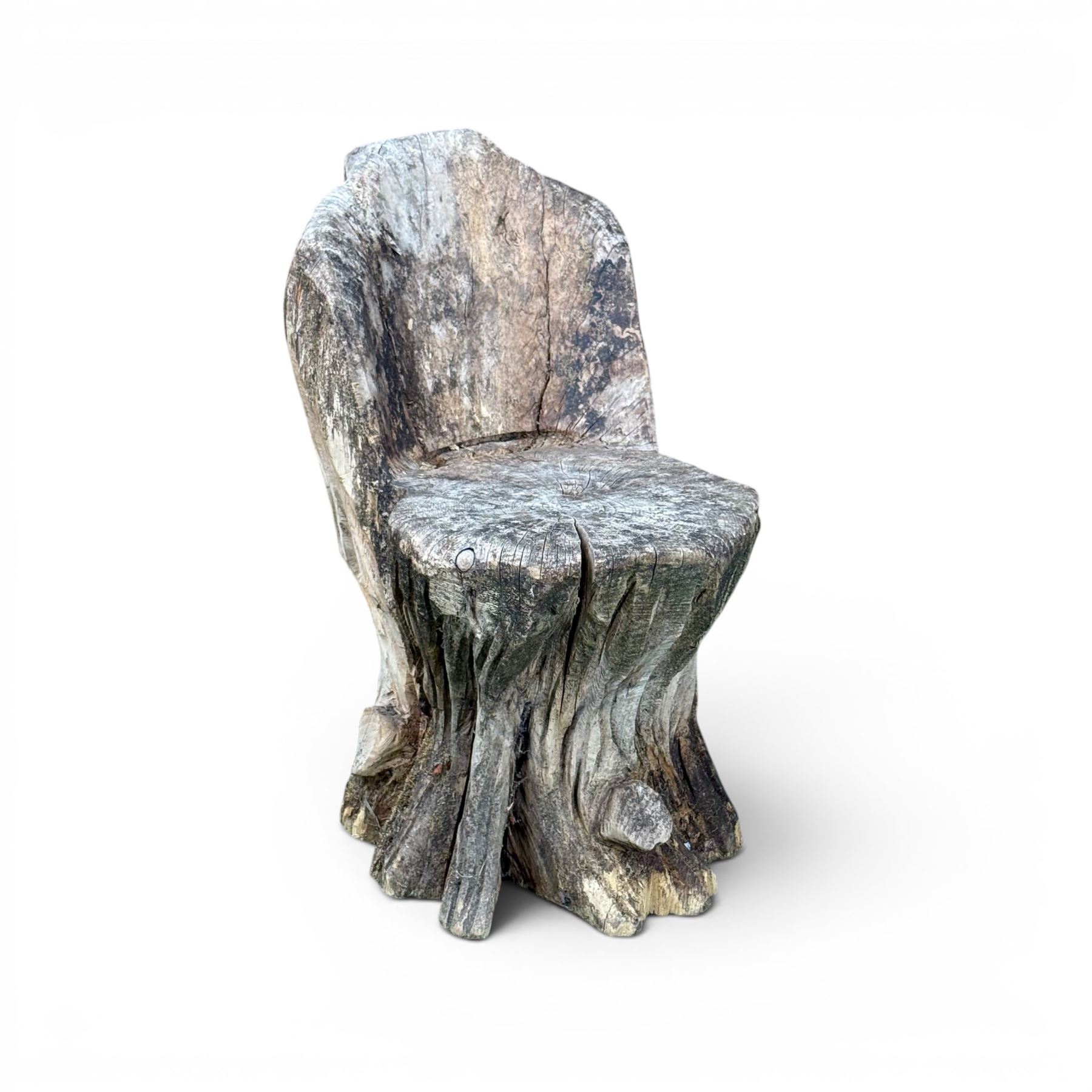 Pair of rustic root carved wood garden seat chairs