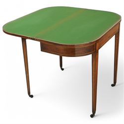 19th century rosewood and satinwood banded card table, D-shaped fold-over top, double gate-leg action base, on square tapering supports terminating to brass cups and castors (W92cm, D45cm, H76cm); together with a 19th century mahogany tea table (W89cm, H73cm, D43cm)