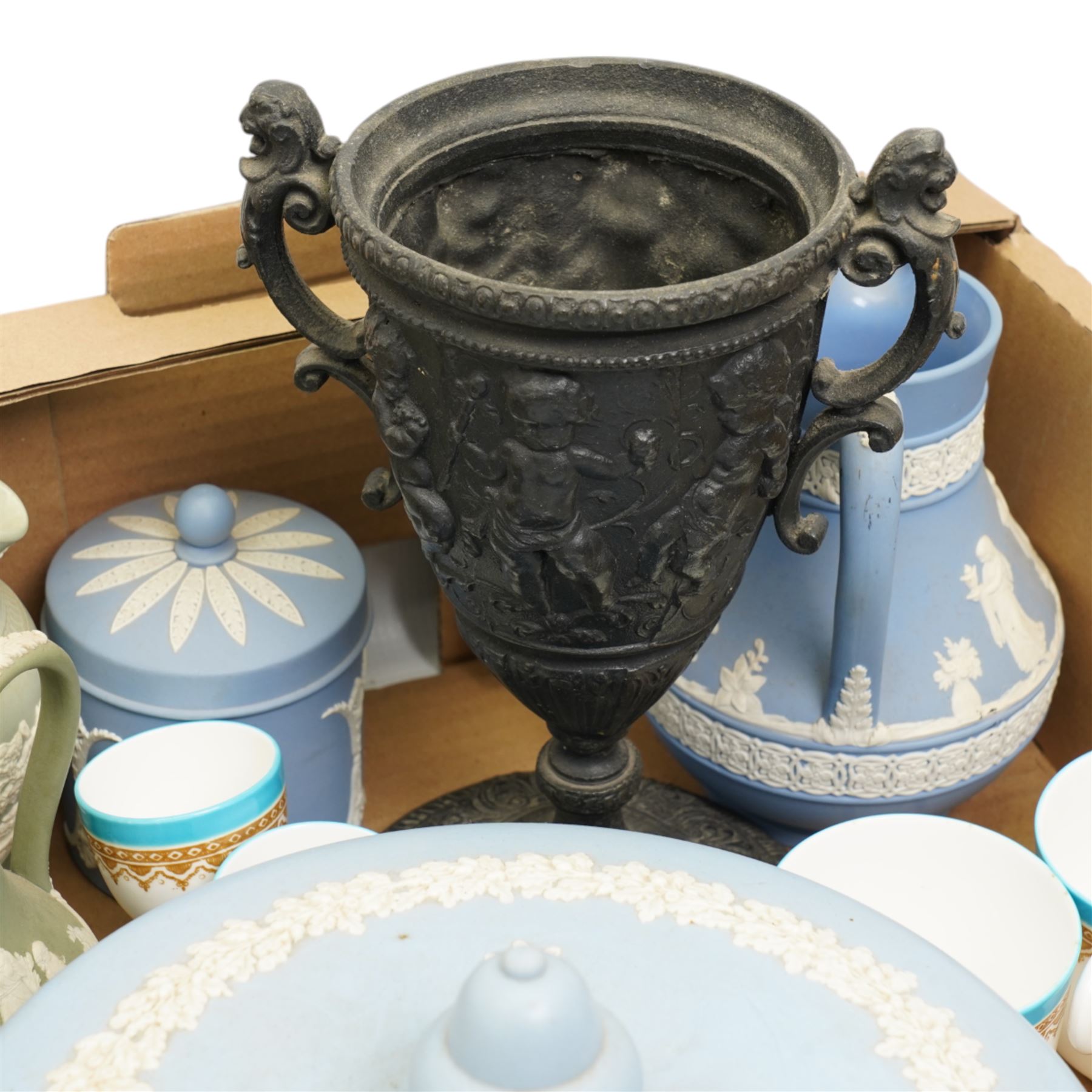 Wedgwood Jasperware style cheese dome and cover, with other Wedgwood jugs, Royal Worcester turquoise pattern tea wares, Crown Devon plates etc