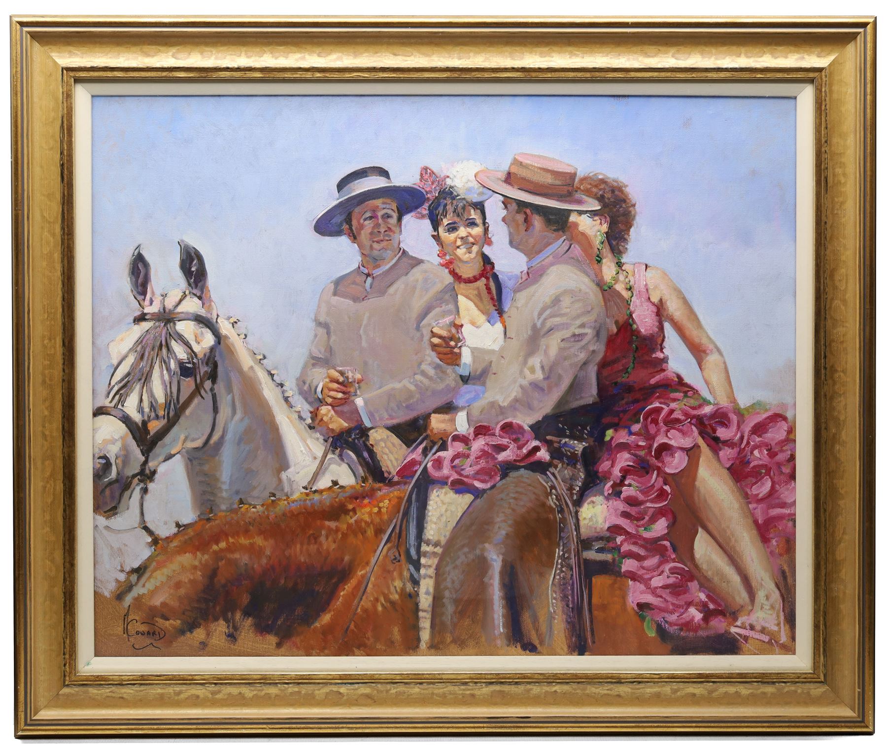 Malcolm Coward (British 1948-): Flamenco Dancers and Gauchos on Horseback, oil on canvas signed 59cm x 74cm