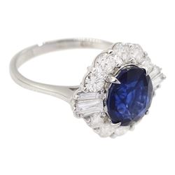 18ct white old oval sapphire, round brilliant cut and baguette cut diamond cluster ring, stamped 750, sapphire 2.93 carat, total diamond weight 1.07 carat, with World Gemological Institute Report