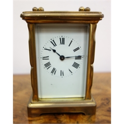  20th century brass Carriage timepiece, white Roman dial with blued steel hands, H15cm max, with key   