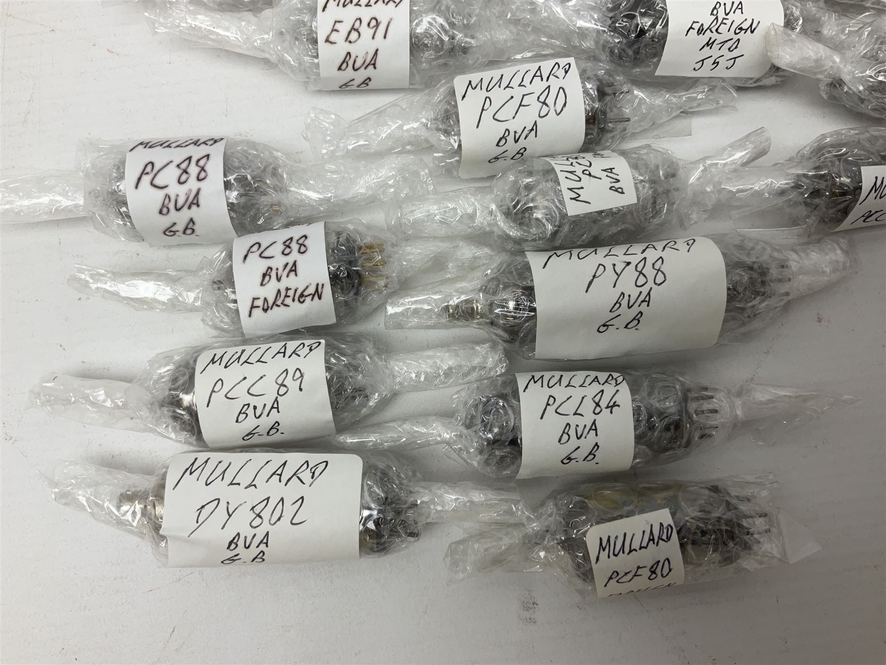 Collection of Mullard thermionic radio valves/vacuum tubes, including IW3, ECH35, ECL80, 6F23, PY88 etc approximately 60 as per list, unboxed