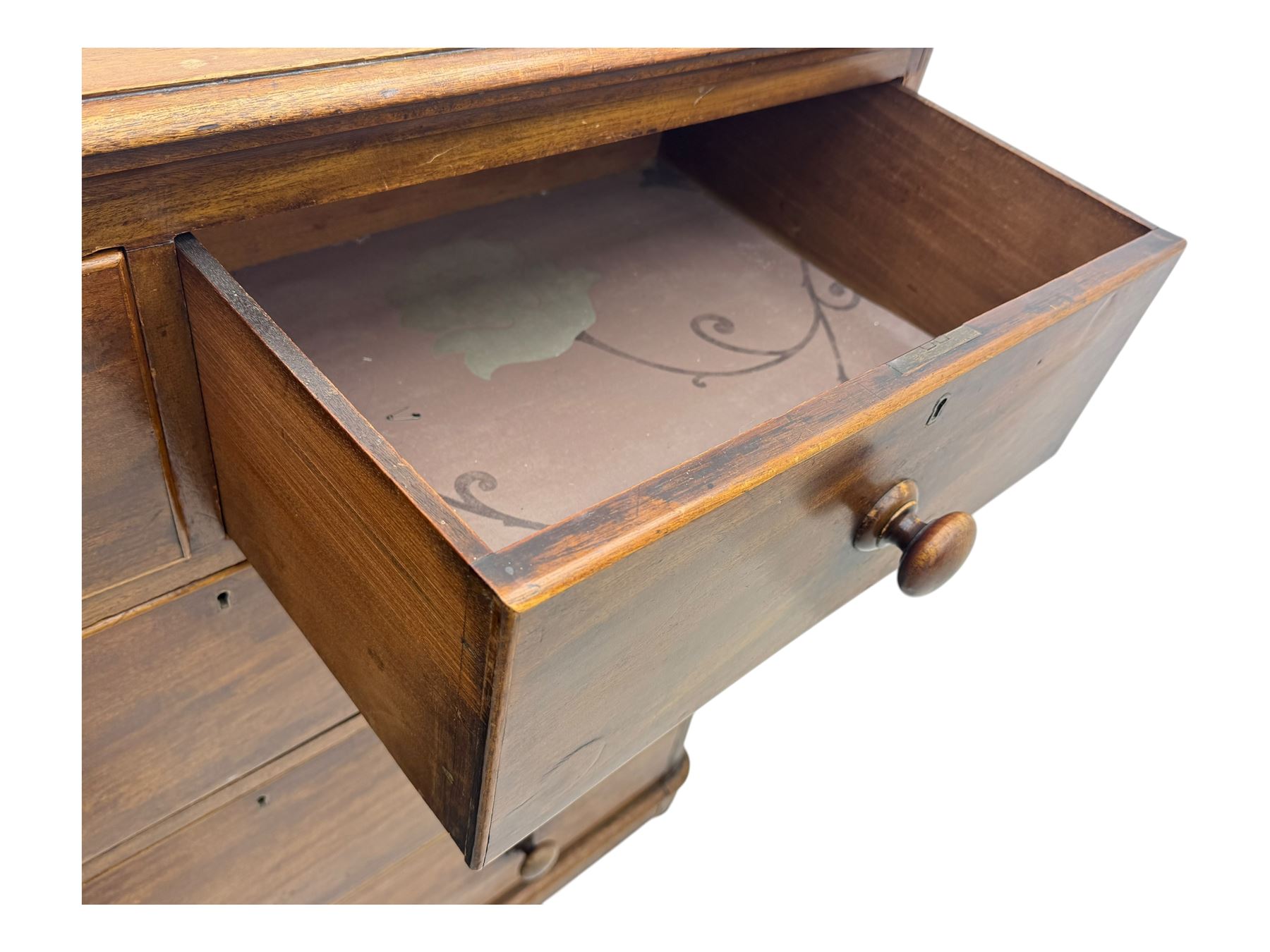 19th century mahogany chest of drawers, rectangular top over two short and three long graduated cockbeaded drawers, raised on compressed bun feet
