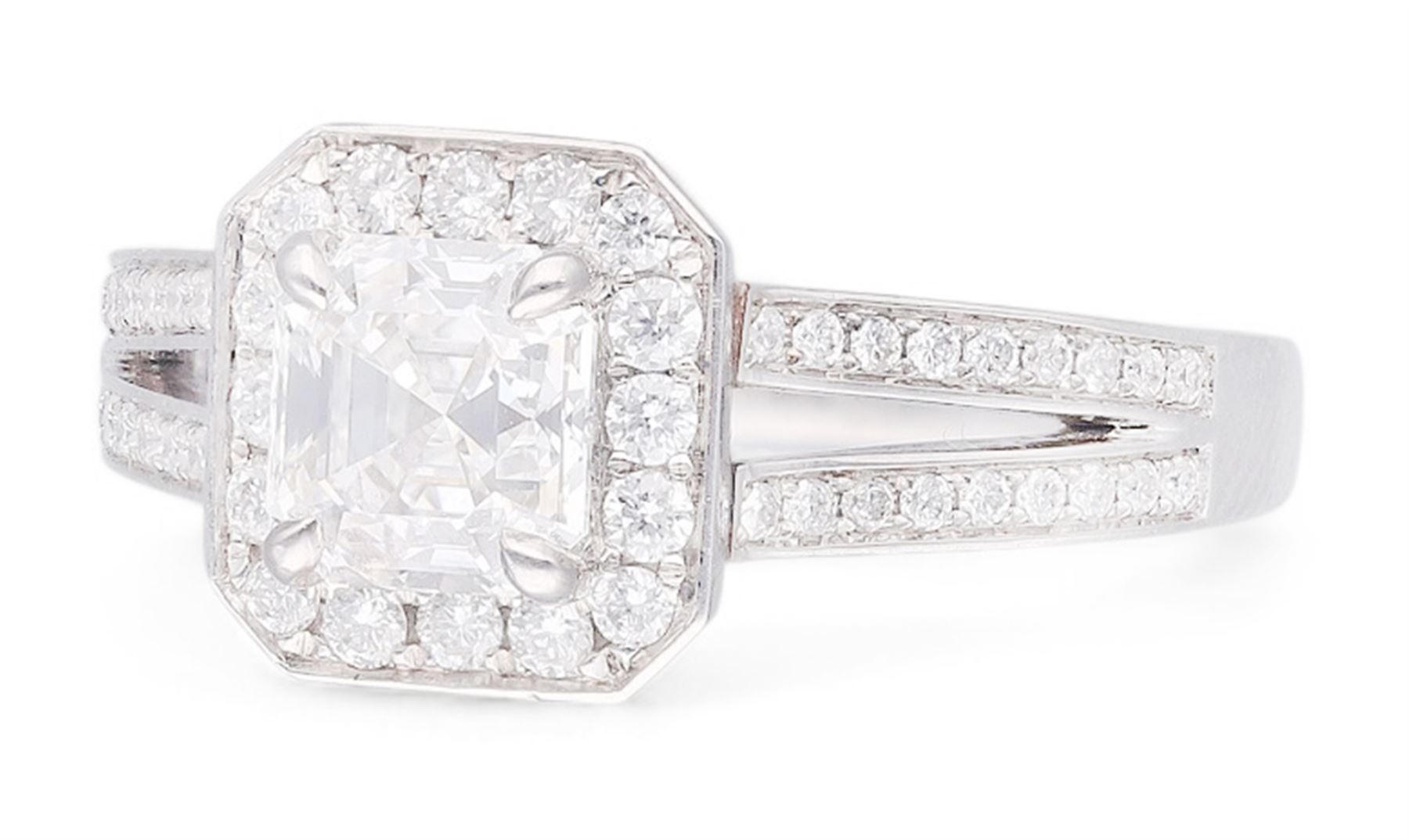 Platinum diamond cluster ring, the principal asscher cut diamond of 1.01 carat, with HRD report, colour F, clarity VS1, with round brilliant cut diamond surround and diamond set shoulders, hallmarked, total diamond weight 1.34 carat