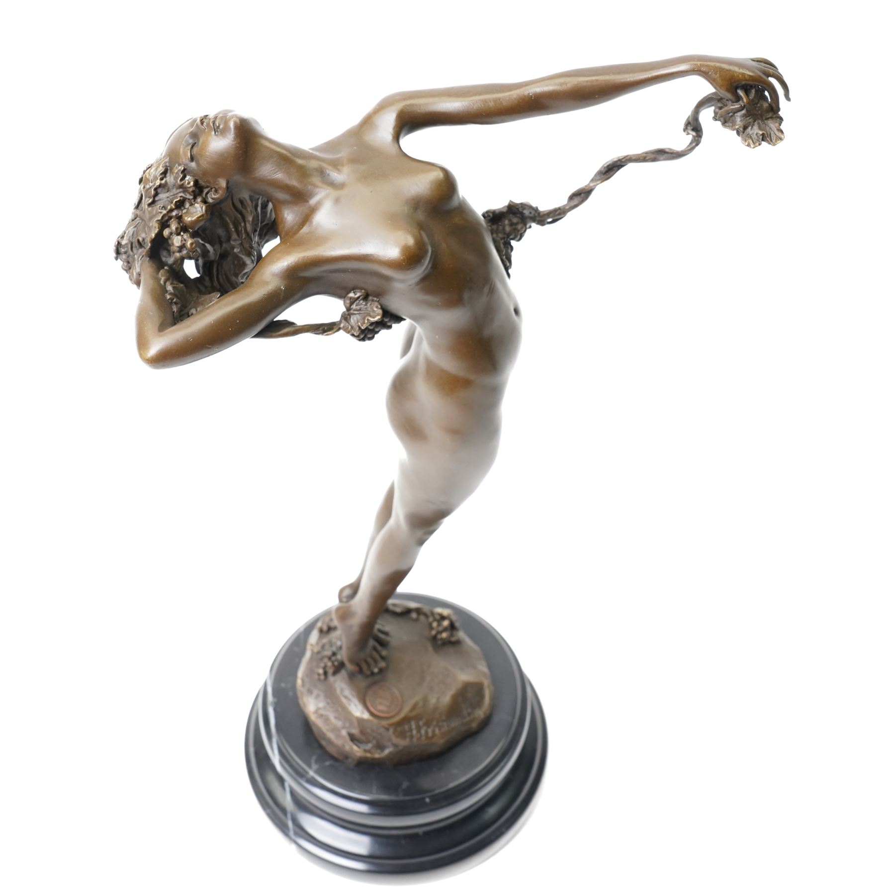 Bronze figure of a nude female holding a vine, after 'H. Frishmuth', with foundry mark on socle base, H38cm