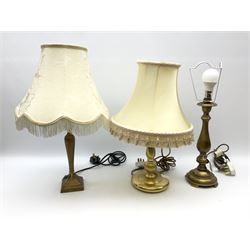 Three brass effect table lamps, two examples with shades