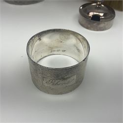 Group of hallmarked silver, to include cut glass dressing table jar with silver lid, clothes brush and napkin ring etc, together with a silver plated preserve pot lid