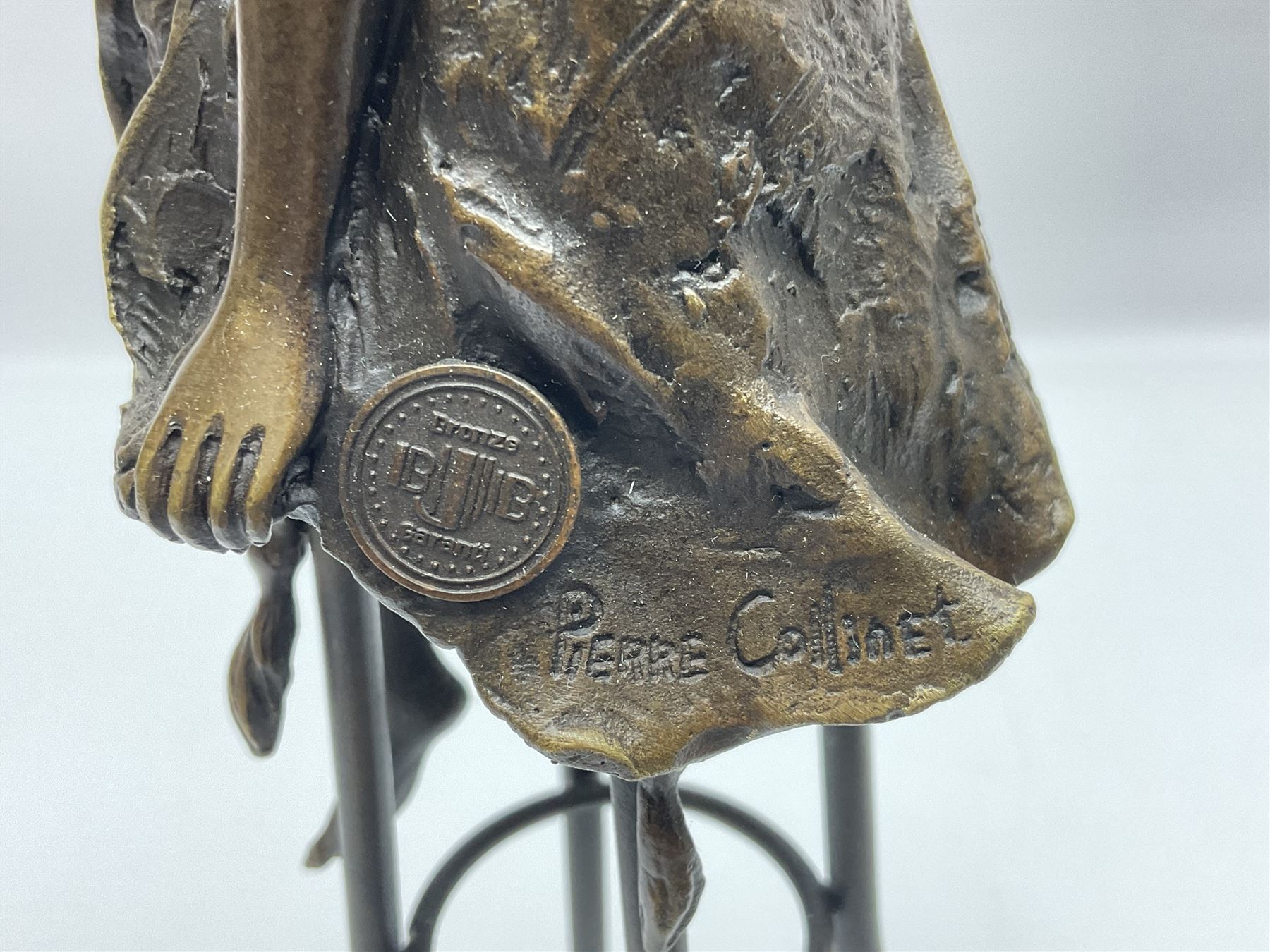 Art Deco style bronze, modelled as a semi naked female figure seated upon a chair. H27cm.

Created in the style of French Artist, Pierre Collinet, who was recognised for his bronze sculptures. This figure echoes the style and tone of Collinet's work and is attractive to behold. It would make for a lovely decorative addition to any home, modern or traditional. 