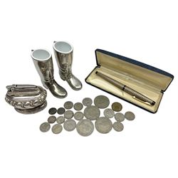Pair of silver plated riding boots spirit drink measures, the interiors with white single and double inserts, together with a Ronson Crown table lighter reg no 85088 pat 291695, and a boxed Sheaffer fountain pen with gilt diamond patterned body, quantity of coins