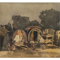 Frederick (Fred) Lawson (British 1888-1968): Romany Gypsy Caravans at Redmire Feast, watercolour signed with initials 22cm x 24cm
