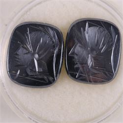 Blue agate cameo depicting a young girl and two haematite warrior intaglios, largest H21mm
