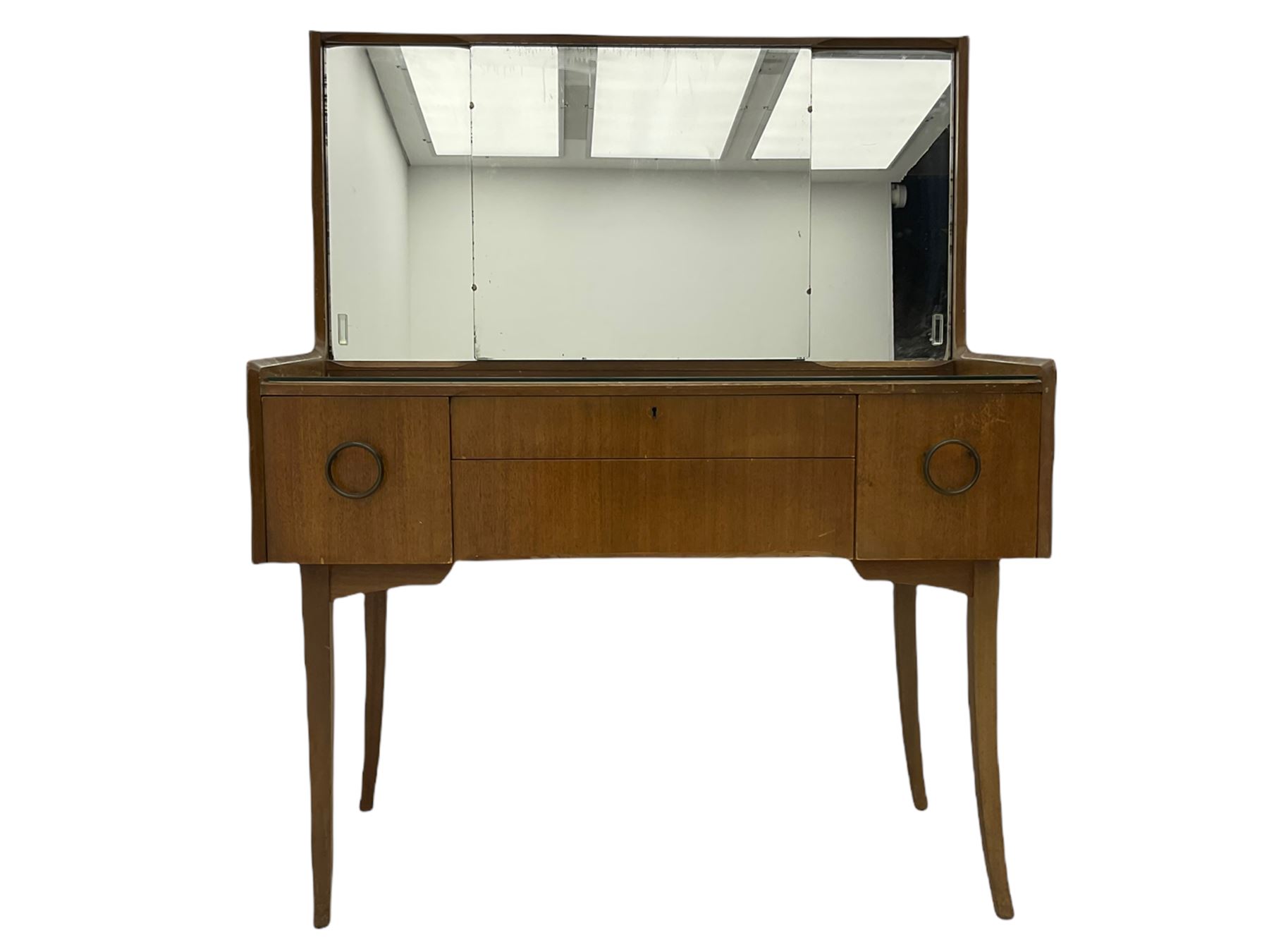 Retro sapele mahogany dressing table with sliding mirror compartments, and matching tallboy