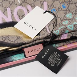 Gucci - 'Gucci Ghost' silk scarf, from the Trouble Andrew collaboration, with graffiti-style logo, heart and signature GG monogram design, 85cm x 85cm, unused with original box and label