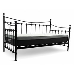 Contemporary Victorian revival black metal day bed, featuring arched back and sides with t...