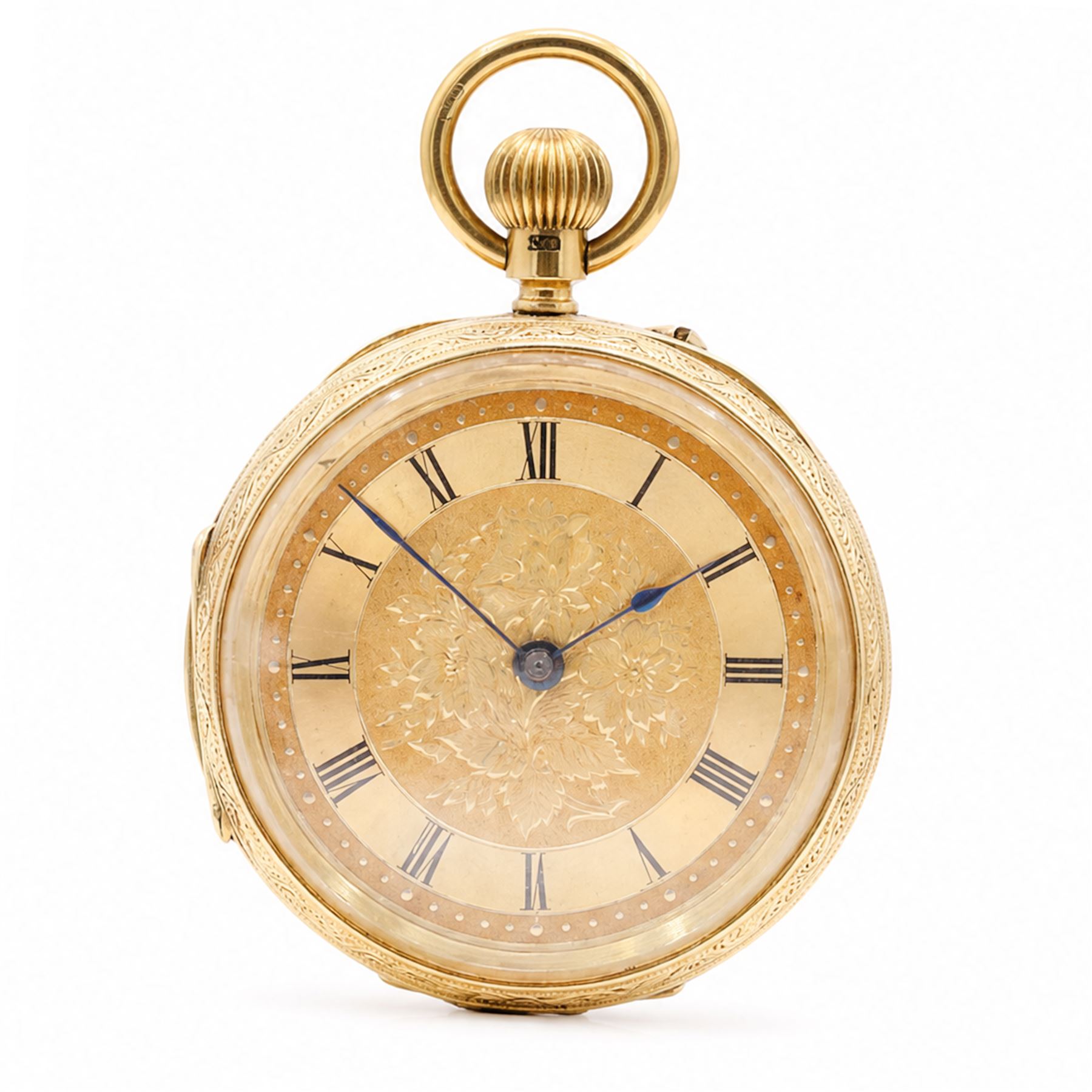 Victorian 18ct gold open face keyless lever presentation pocket watch, No. 44877, gilt dial with Roman numeral hour markers, engraved foliate case with empty cartouche, case makers mark W.S, Chester 1892