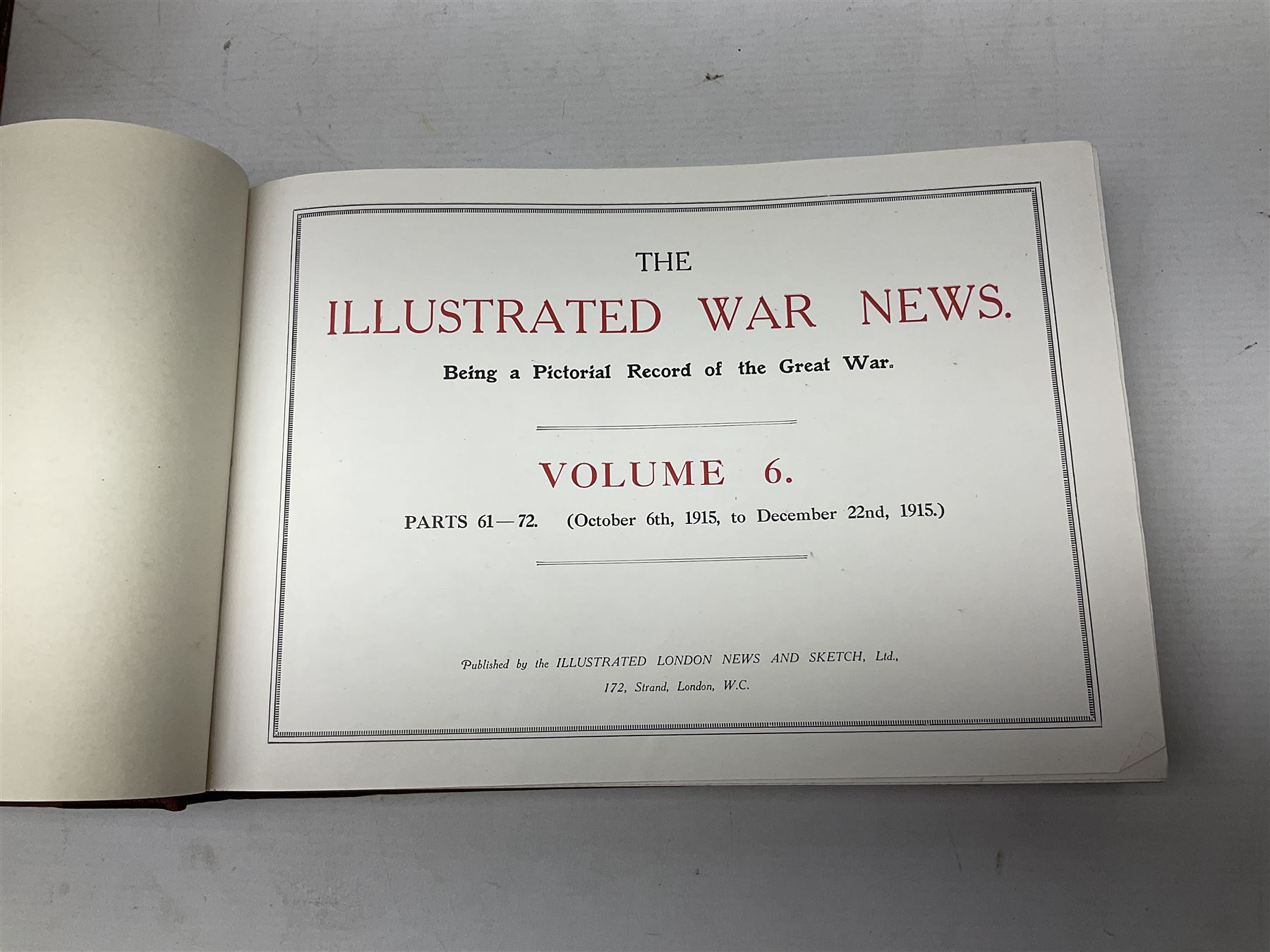 The Illustrated War News - Being a Pictorial Record of the Great War. Parts 1 -96 August 12th 1014 - June 7th 1916 uniformly bound in eight oblong quarto volumes with half-leather/gilt binding. Published by The Illustrated London News (8)