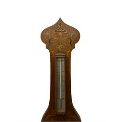 An early 20th century oak cased aneroid barometer in a decorative form with inlay in the arts and crafts style c1920, with a 7” silvered register indicating barometric pressure from 28 to 31 inches with predictions, steel indicating hand and brass recording hand, dial inscribed “Pearce & Sons, Leeds, York and Leicester” within a brass bezel and flat bevelled glass, detachable surface mounted mercury thermometer within a glazed box recording the temperature in degrees Fahrenheit and Celsius. 
Pearce & Son Jewellers are one of the county's longest established jewellers having been founded in 1838 by Mr. Henry Pearce, in Grantham, Lincolnshire, opening further shops in Huddersfield, Leeds, York and Leicester during the early 20th century.
	


