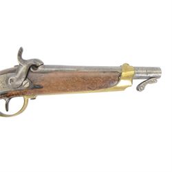 19th century percussion pistol, with round 22cm unsighted barrel with octagonal base, backwards spring lock signed 'PIRLOT FRERES LIEGE'; wooden full stock with brass mounts, belt hook, overall L36cm