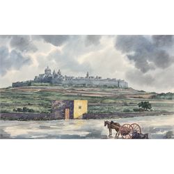 AM Galea (Maltese 20th century): Hilltop Fortification 'Malta', watercolour signed and titled 34cm x 55cm