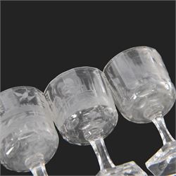 Set of four Galle, Nancy, intaglio engraved liqueur glasses, Gallé, Nancy, circa 1880, each with faceted bucket bowl engraved with animals within landscape settings, upon hexagonal stems and hexagonal feet, two examples engraved 'Galle Reinemer a Nancy', one engraved 'Galle a Nancy', and one unsigned, H7cm