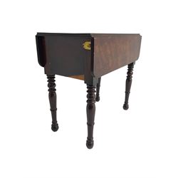 19th century walnut drop leaf side table, rectangular top with reeded edge, fitted with secret compartment with button action, leaf functions as hinged door enclosing cupboard, raised on turned supports
