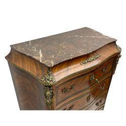 Mid-20th century Louis XVI design Kingwood and walnut secretaire à Abattant, shaped serpentine form with dark rouge variegated marble top, the fall front disguised as three drawers enclosing birdseye maple interior with shelf, drawers and writing surface, four functioning drawers below, decorated with cast gilt metal mouldings and mask cartouches, on skirted base with egg and dart moulded gilt metal edge