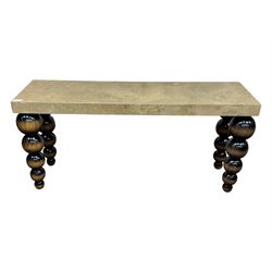 Bramley - contemporary Italian design Tivoli console table, marble top inset with gold crystals, supported by four stacked wooden supports in an antic brown lacquered finish