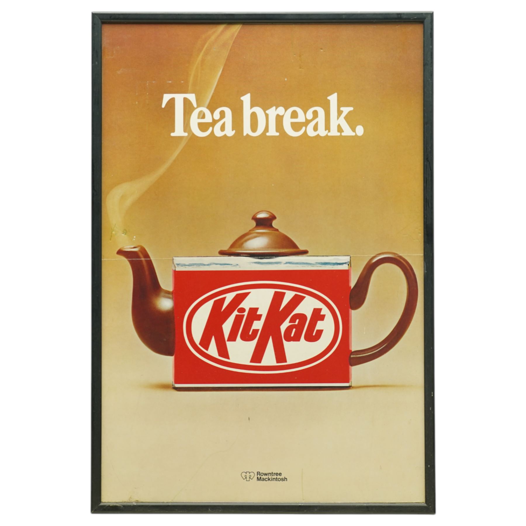 Original Rowntree Mackintosh (Rowntrees) advertising poster for KitKat - 'Tea Break', colour poster depicting a KitKat teapot 56cm x 38cm
Provenance: from the personal collection of David Lamb, former advertising manager at Rowntree Mackintosh, York