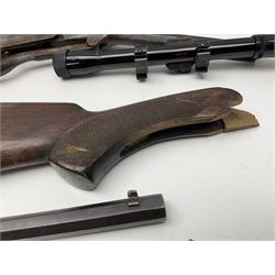 Assorted rifle and pistol spares; early Gem air rifle with sawn off barrel (piece present); telescopic sight; canvas/leather ammunition pouch; Mauser stock; barrel browning solution etc
