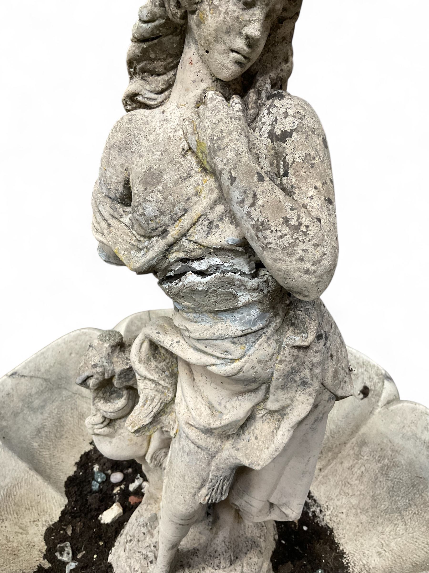 Cast stone garden centre-piece bird bath with raised female figure