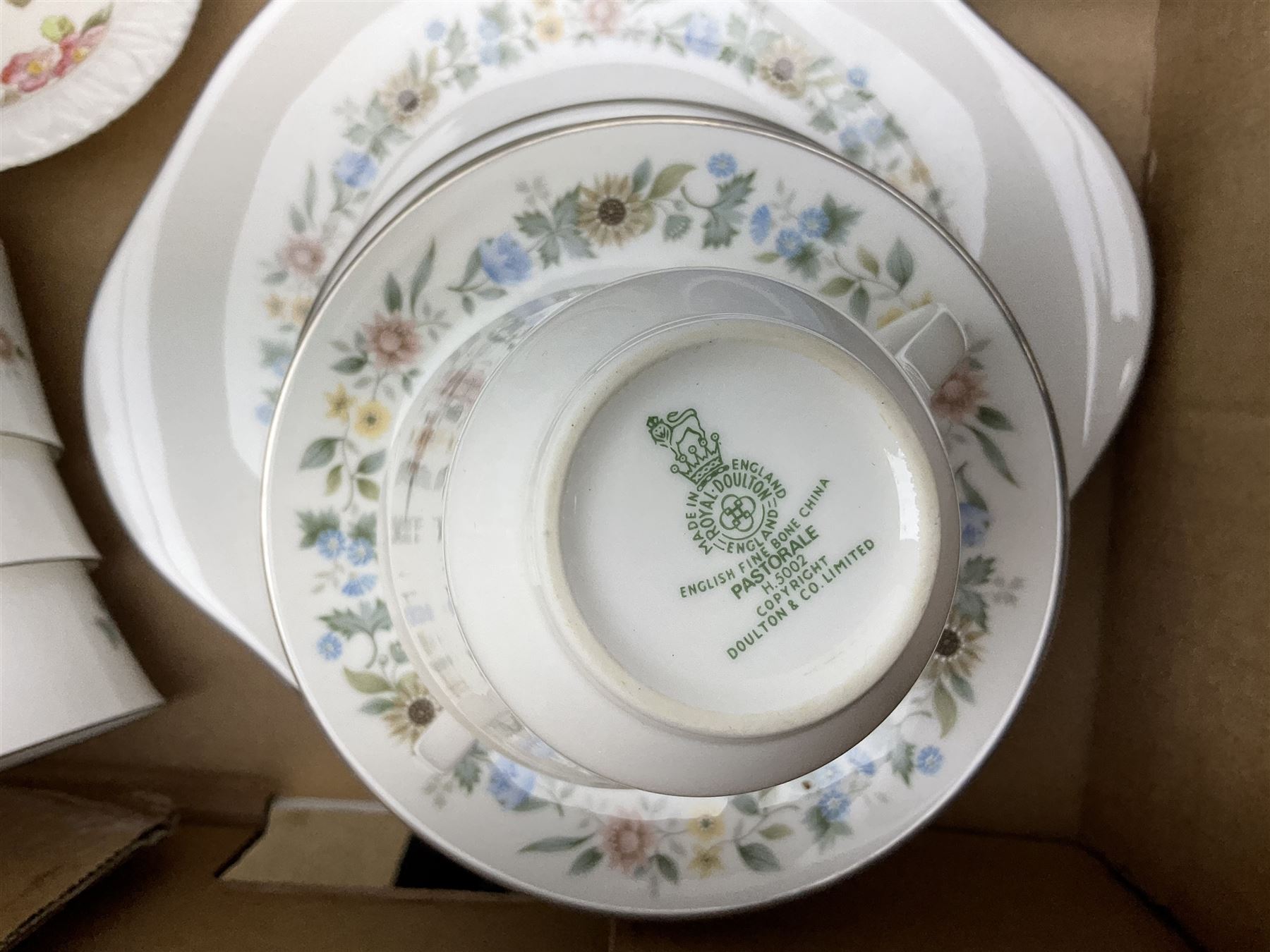 Coalport 'Tintern' pattern coffee service for six, Royal Stafford 'Rochester' teawares, Sutherland China 'Exotic' teawares, Royal Doulton 'Pastorale' cake plate, teacups and saucers etc