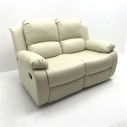 Three seat manual reclining sofa, upholstered in a white leather (W200cm) and a matching two seat manual reclining sofa (W145cm)