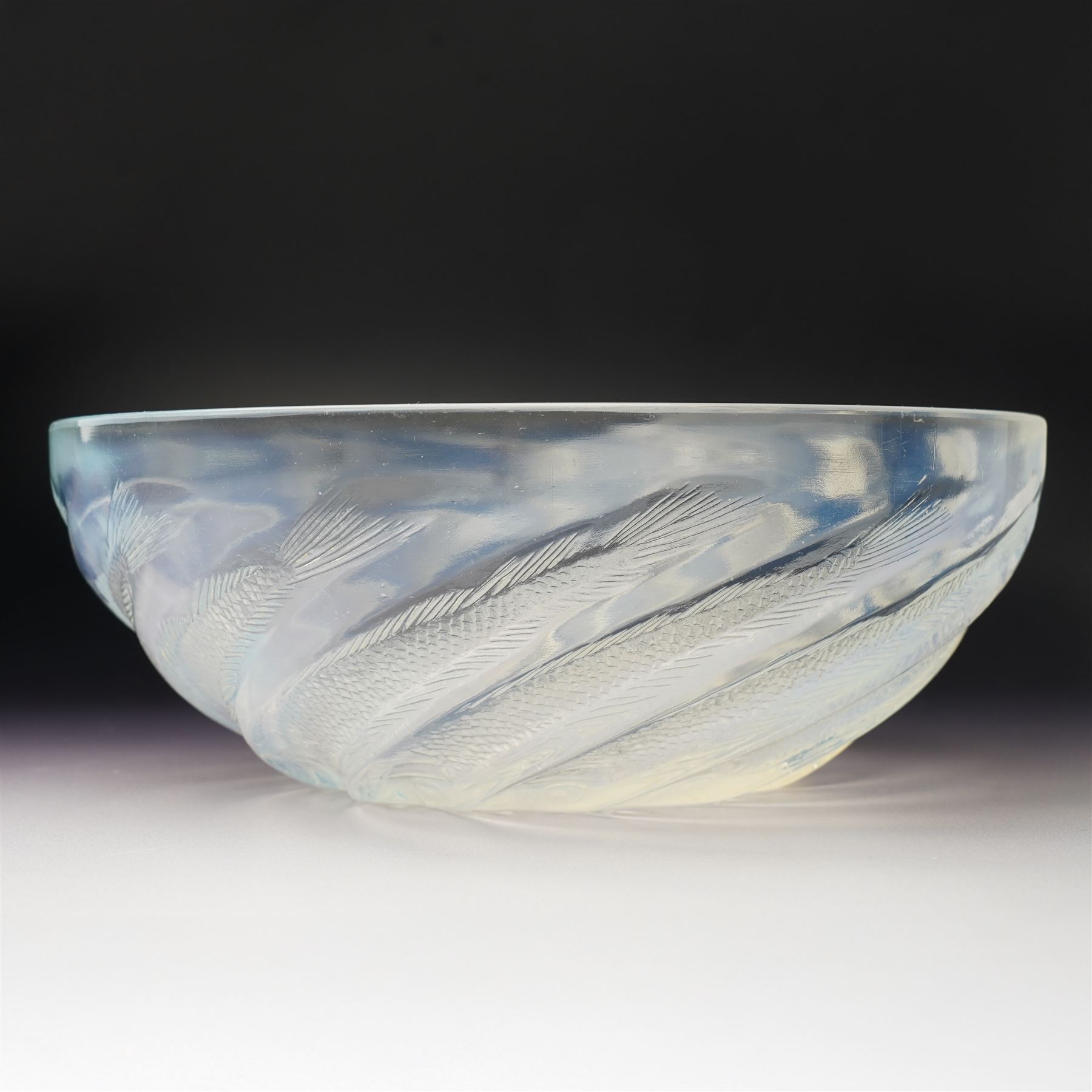 Rene Lalique 'Poissons' opalescent glass bowl, c.1931, moulded R Lalique mark to centre, D24cm 