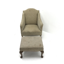 Edwardian armchair upholstered in a beige patterned fabric, square tapering supports (W64cm) and a stool upholstered in matching fabric with cabriole legs (W53cm, H34cm, D44cm)