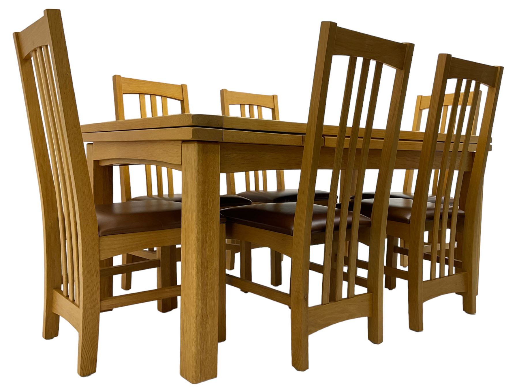 Multi-York - light oak dining table, rectangular draw leaf extending top, on square supports; together with a set of six chairs high back dining chairs with brown leather upholstered seats 