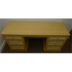  Modern pine and cream finish bedroom suite comprising, knee hole dressing table with mirror (W145cm) a chest of three drawers (W92cm) a pair of bedside cabinets (W48cm) and a double bed  (W146cm)   