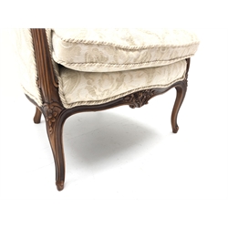  French walnut framed upholstered armchair, moulded frame with floral carved cresting and reeded scroll arms, loose seat cushion and serpentine frieze on cabriole legs, H93cm, W71cm, D68cm (MAO1203)  