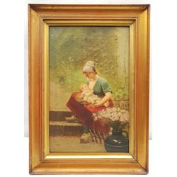 Continental School (19th century):  Nursing Mother seated on Outside Steps, oil on canvas unsigned 39cm x 25cm