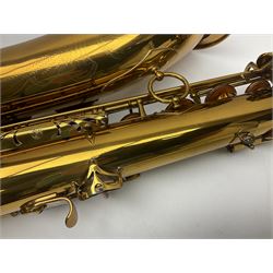 Mid-20th century French Henri Selmer Mark VI tenor saxophone, serial no.M.70644 for 1957, various French, English and American patent numbers, crudely stamped J.A.Brown twice to thumb rest; in fitted hard case with crook and other accessories including two Berg Larsen mouthpieces, reed cutter etc