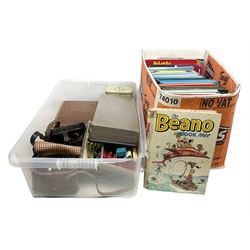 Ekco transistor portable radio, Kodak Brownie Cresta camera in case, Castle & Co Hull binoculars in case, 1970s and later annuals to include Beano, 1926 The Picture Show annual, silver-plate etc
