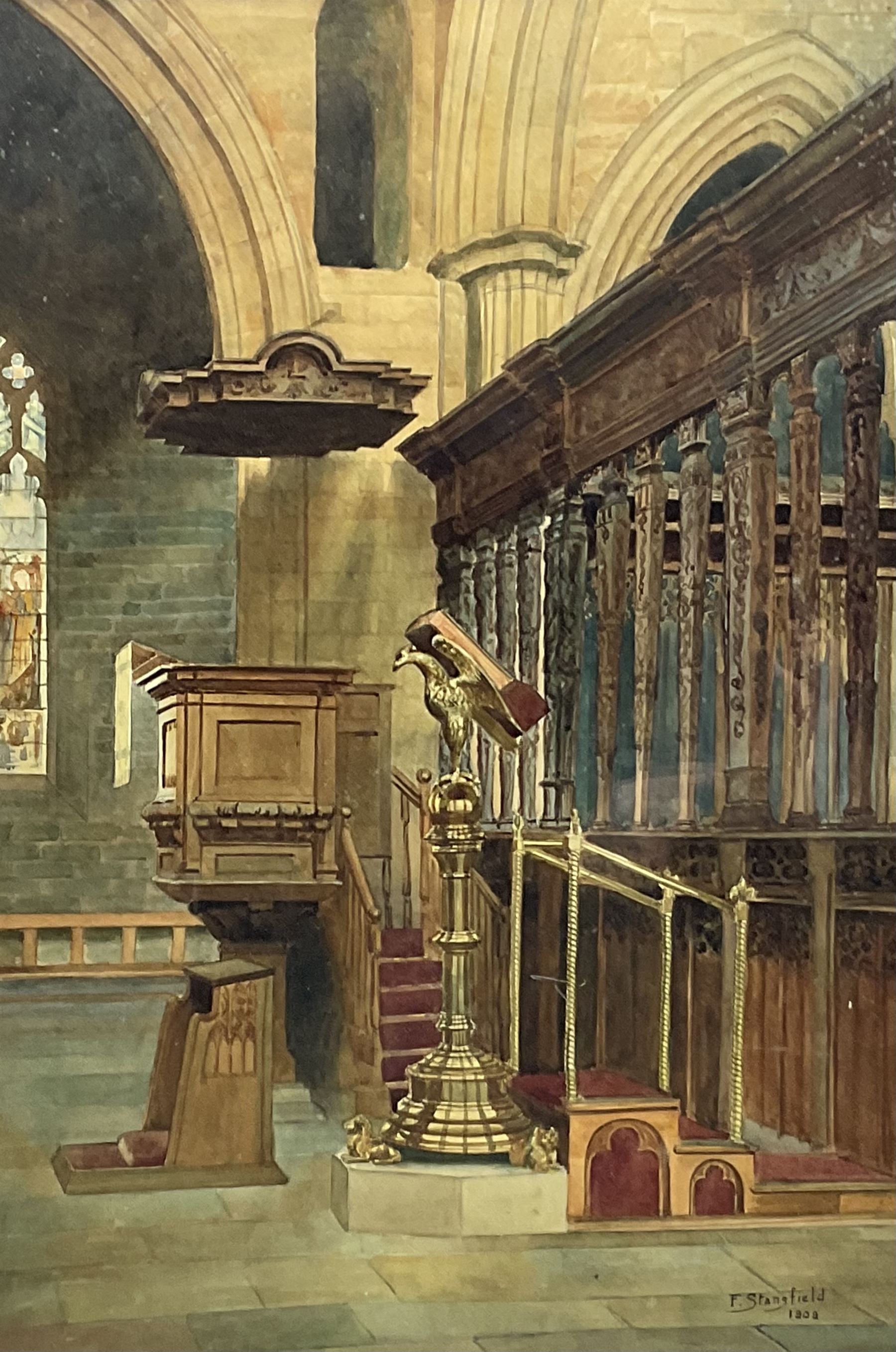F Stansfield (British 19th/20th century): Church Interior, watercolour signed and dated 1909, 55cm x 38cm