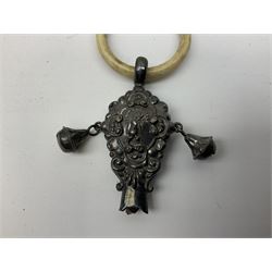 1930's silver lobster pick, hallmarked Birmingham 1936, two Victorian silver thimbles, glass dressing table jar with silver cover, part babies rattle with bone teething ring, approximate weighable silver (not including glass or rattle) 45.3 grams