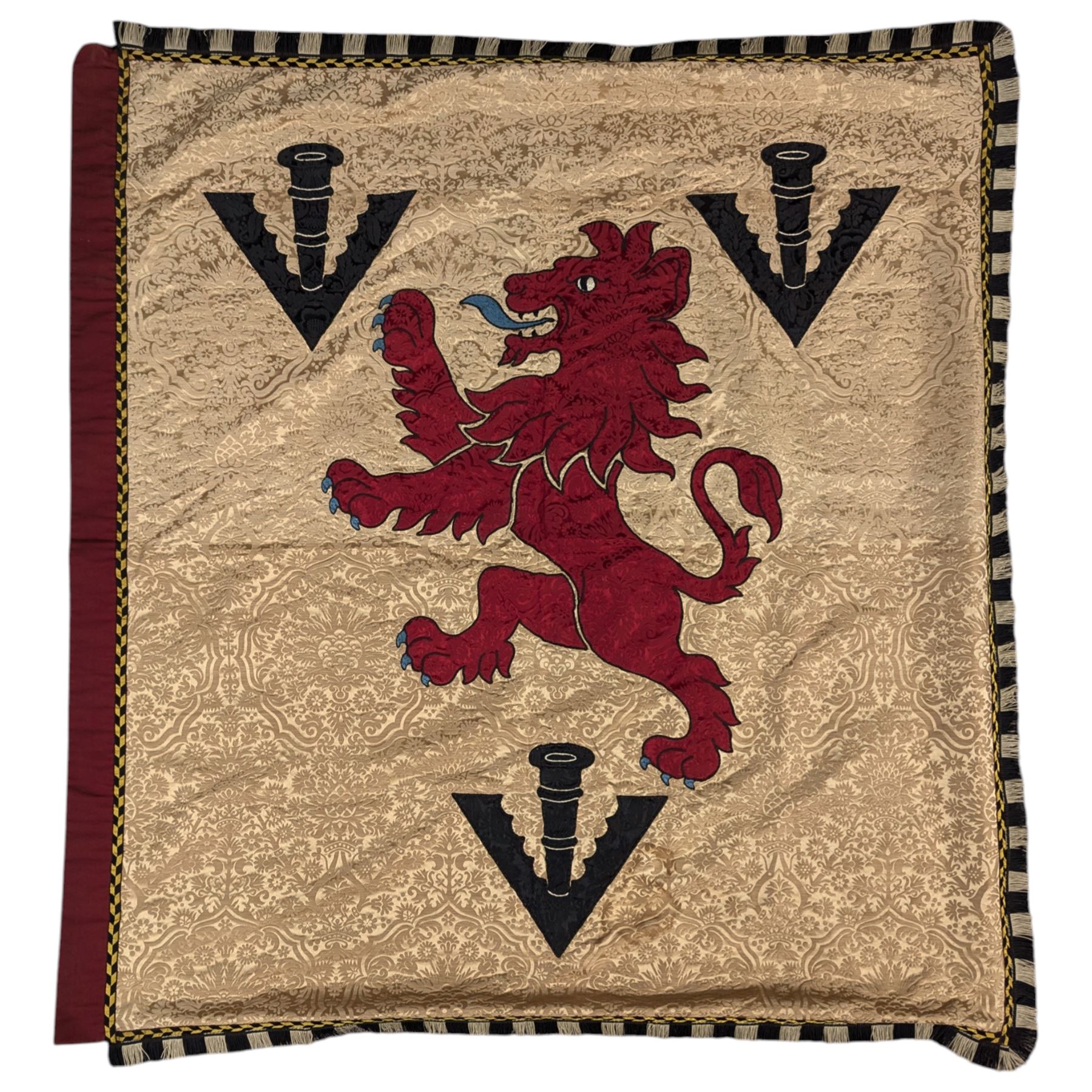 Modern flag depicting a red dragon, brocade type fabric, 125cm x 116cm 