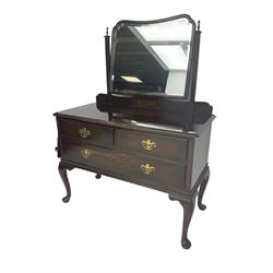 Waring & Gillow - Georgian design mahogany dressing chest, raised swing mirror back with bevelled plate, fitted with three drawers, raised on cabriole feet