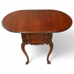 Victorian mahogany drop-leaf work table, the rectangular top with rounded hinged leaves above a bank of three drawers and opposing dummy drawers, fitted with a sliding work box, carved scroll and foliate knees, on cabriole supports with brass castors