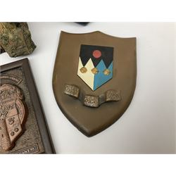 Terry Pratchett Discworld plaques, designed by Clarecraft, comprising 'the First Discworld Event Clarecraft August 95', the collectors guild joining shield, the fools guild DW99C, the seamstresses guild DW98C, the musicians guild DW00C together with 'Door of the mended drum' wall hanging DW17. 